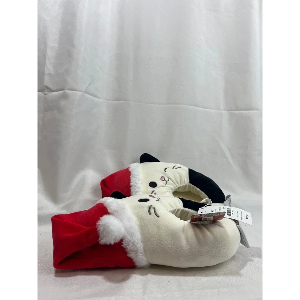 Squishmallows‎ Santa Hat Cat Slippers Off-White Black Holiday Kids Size 4/5 NEW